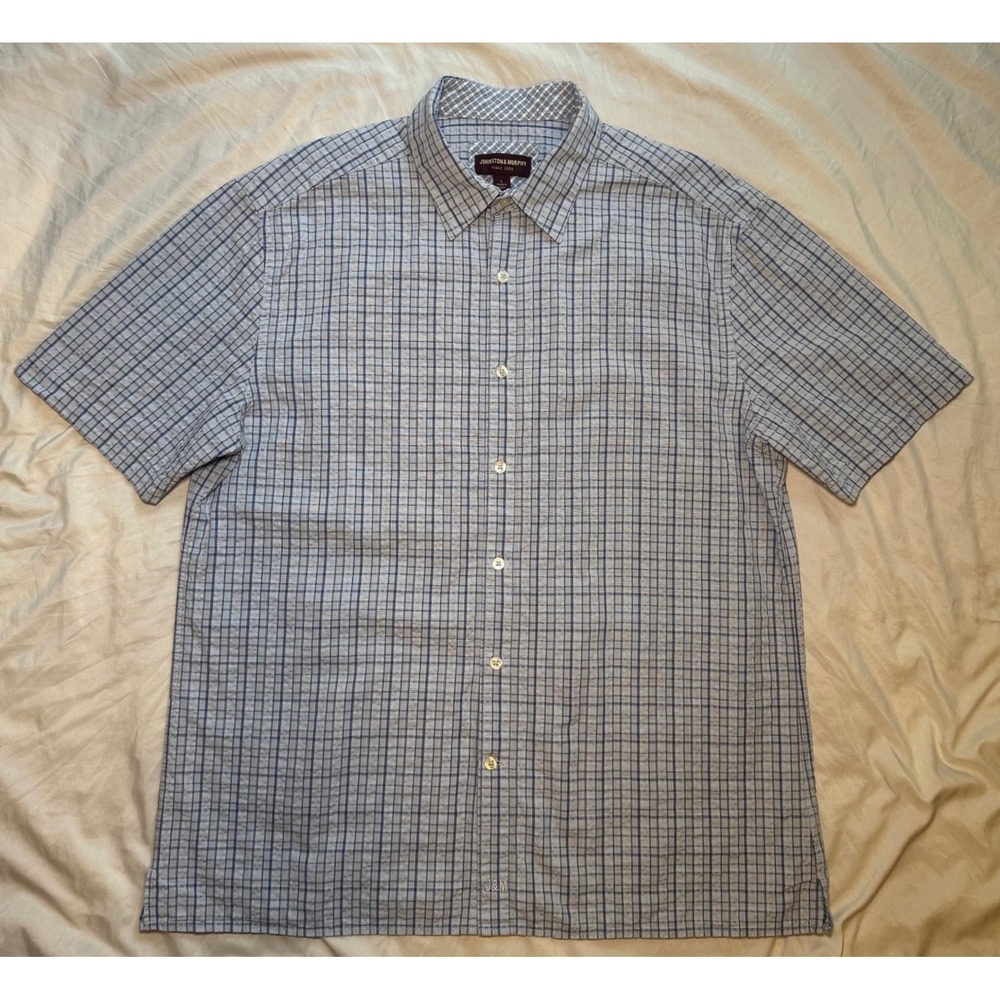 Johnston &‎ Murphy Plaid Button Up Shirt Mens Large Blue Short Sleeve Seersucker